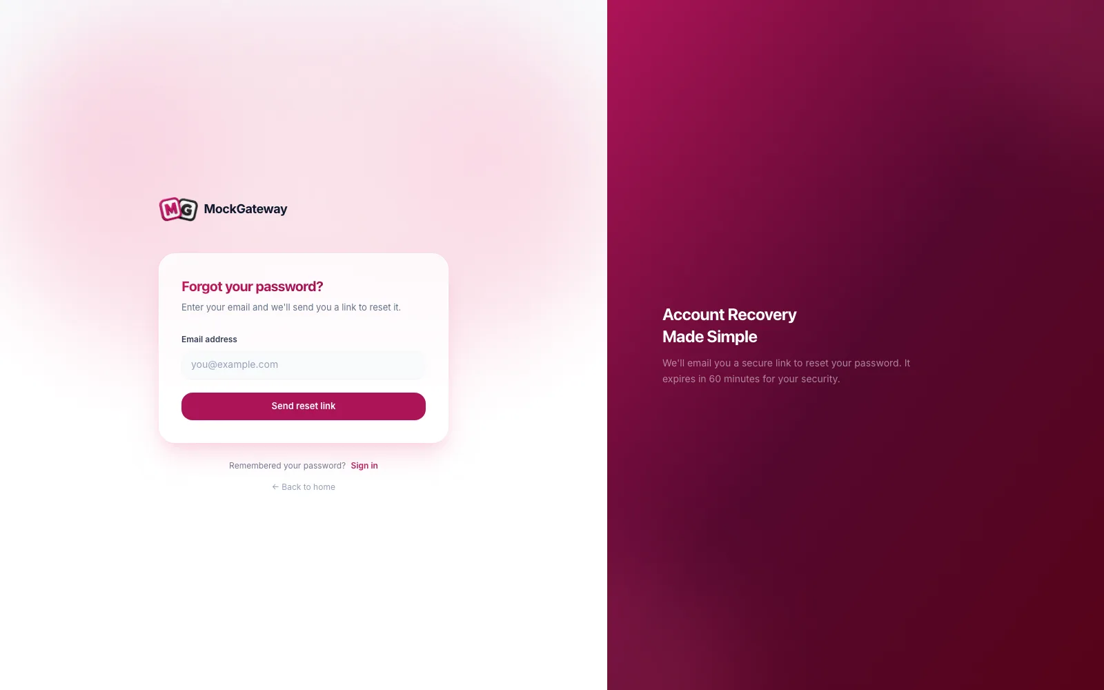 Forgot password page with a single email address field and a button to send a reset link.