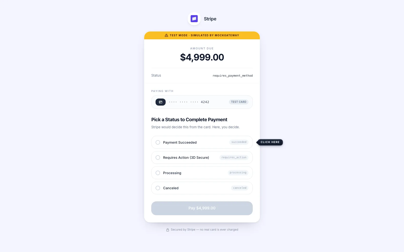 Hosted payment page showing a test-mode banner, the amount due, a test card, and four status options: Payment Succeeded, Requires Action, Processing, and Canceled.