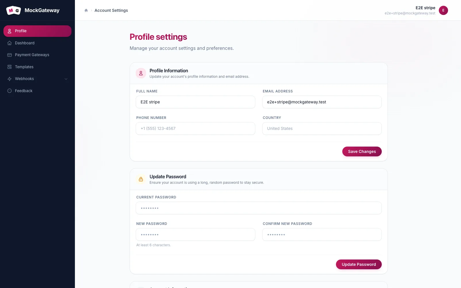 Profile page showing the account details form with name, email, phone, country and language fields.