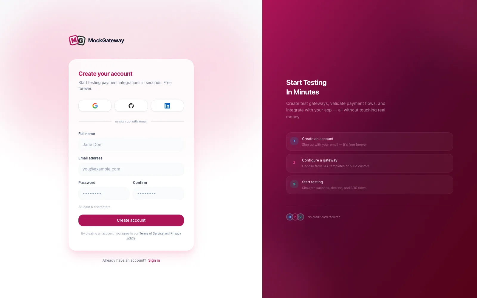 MockGateway registration page with fields for name, email address, and password, plus buttons for signing up with Google, GitHub, or LinkedIn.