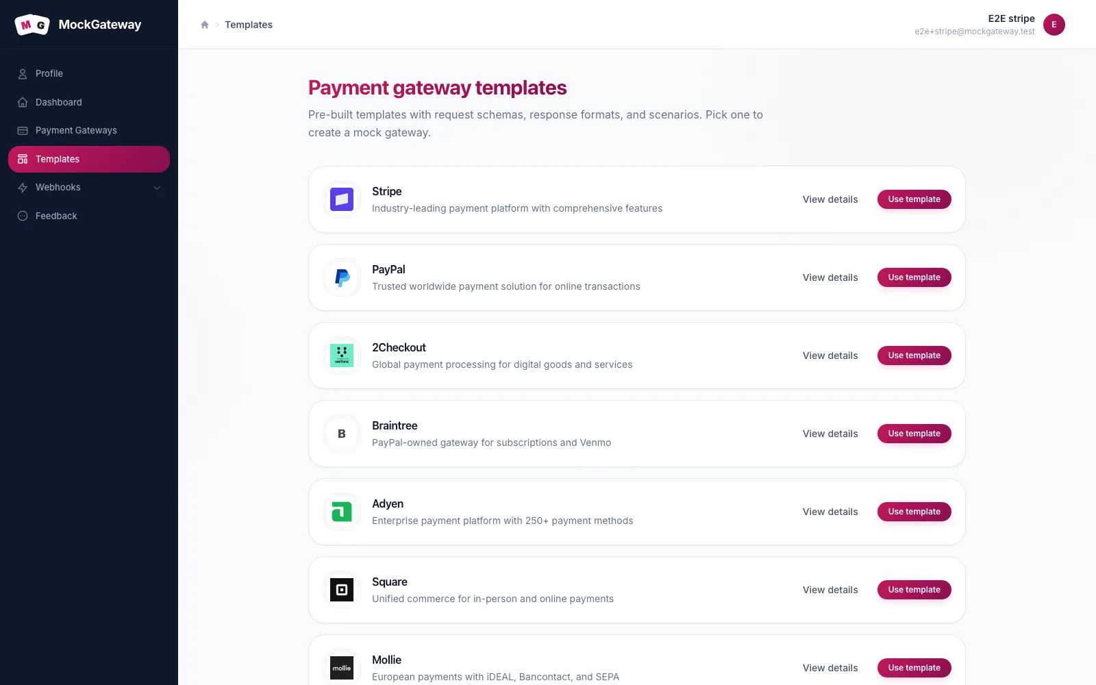 Template gallery listing Stripe, PayPal, 2Checkout, Braintree, Adyen, Square, and Mollie, each with View details and Use template buttons.