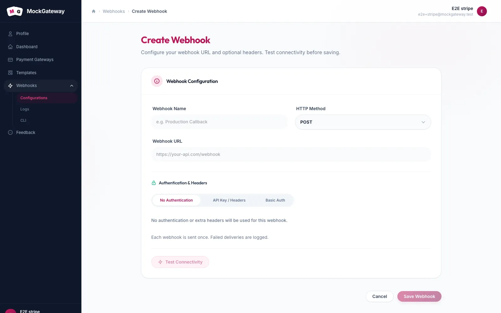 Create Webhook form with fields for webhook name, HTTP method and URL, an Authentication and Headers tab strip, and a note that each webhook is sent once.