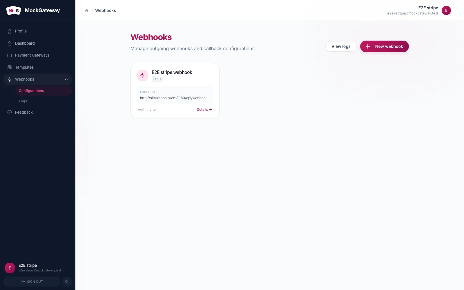 Webhooks screen listing saved webhook configurations with their URLs and methods.